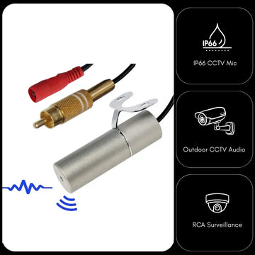 IP66 Rated Water Proof Microphone for CCTV Camera Solid Metal housing 6-12V DC input RCA Phono Output