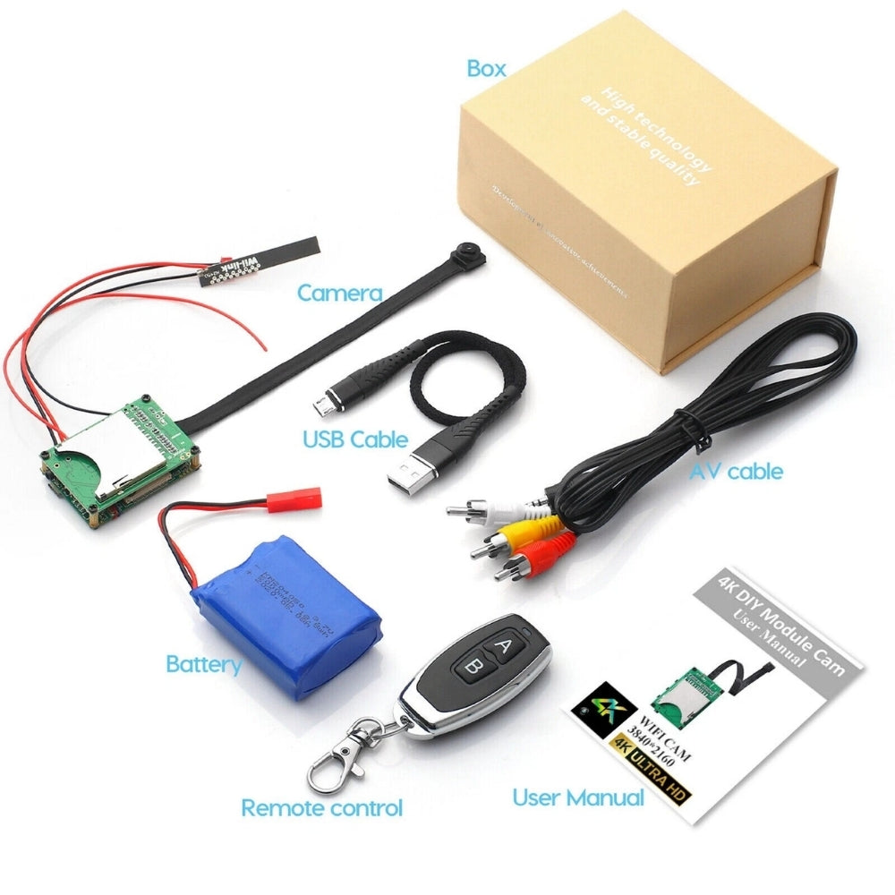 4K UHD Wireless Wi-Fi 8MP Pin Hole Camera Video Recorder Module Remote Control 5000mA Battery