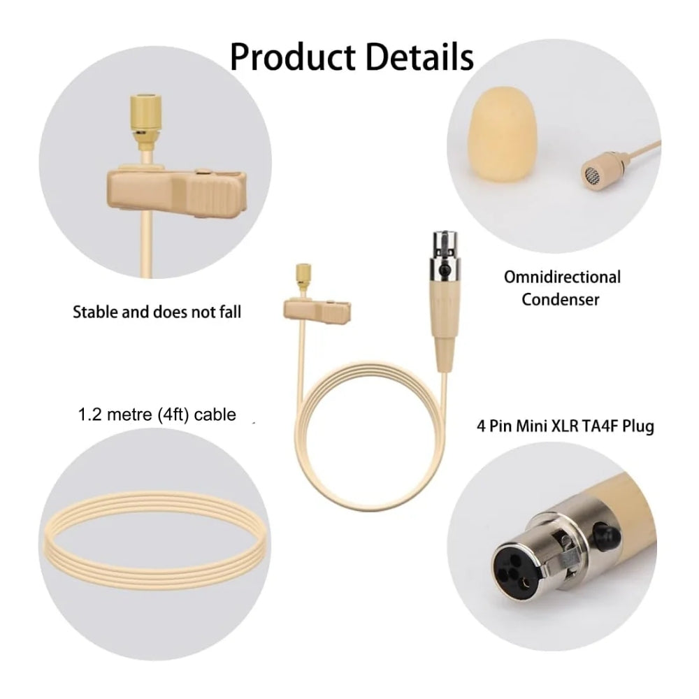 HC-4052 Beige Lavaliere Lapel Microphone Omnidirectional for Wireless Body Pack Radio Transmitters