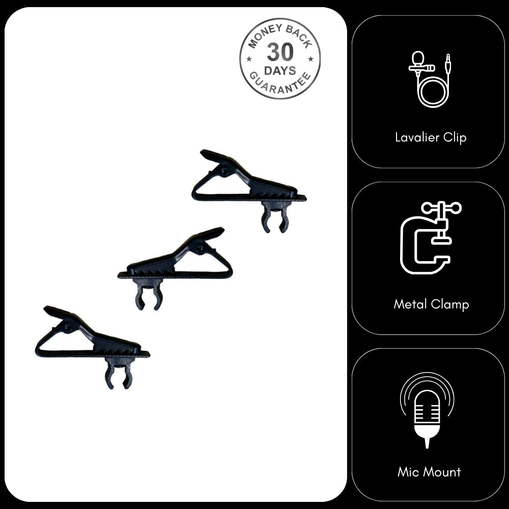 3x Replacement Clips for Lapel Lavaliere Microphone 6mm Diameter Metal Crocodile Clip Plastic Mount