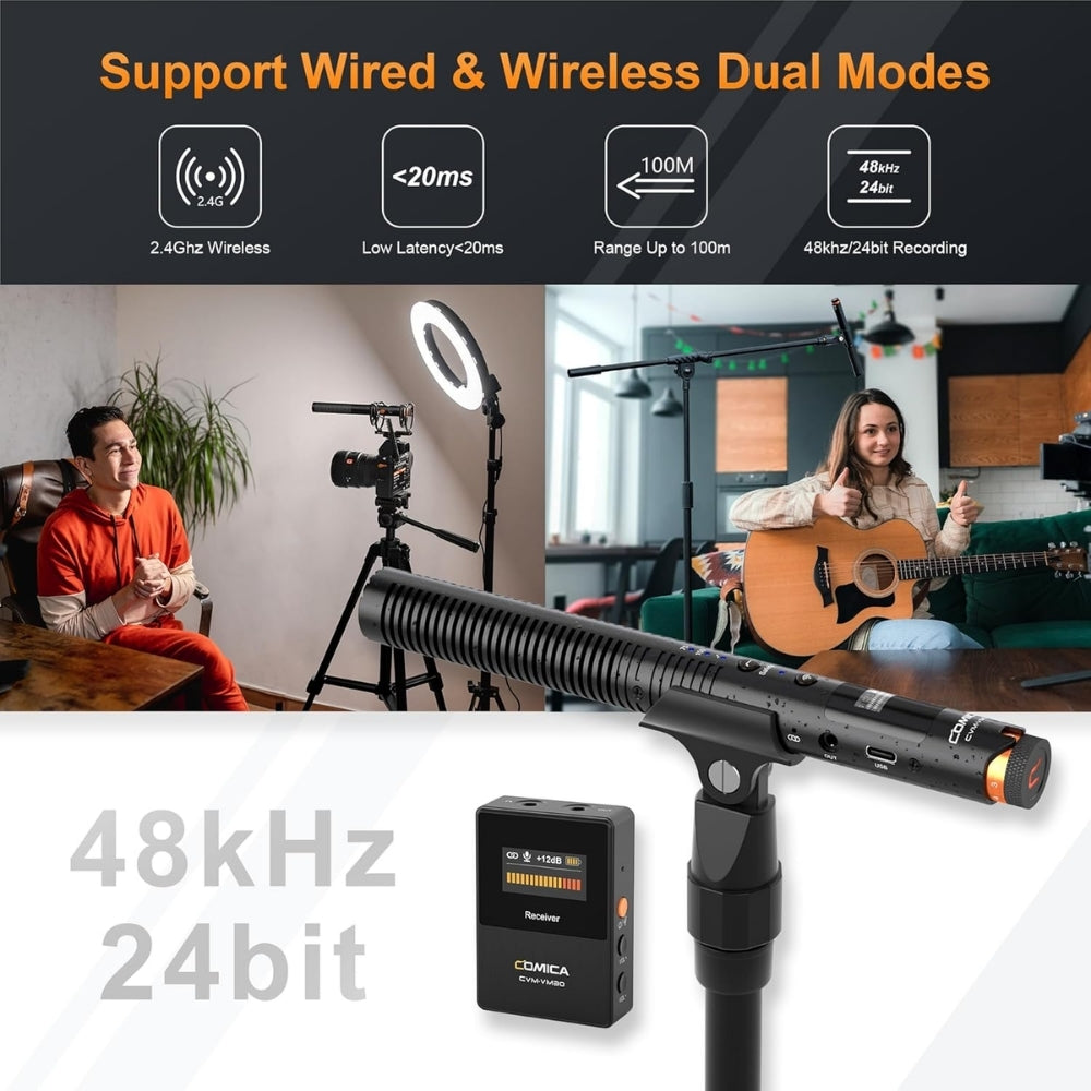 Comica VM30 Shotgun Microphone Super Cardioid Condenser Wireless 100 Metre Range Built In Recorder