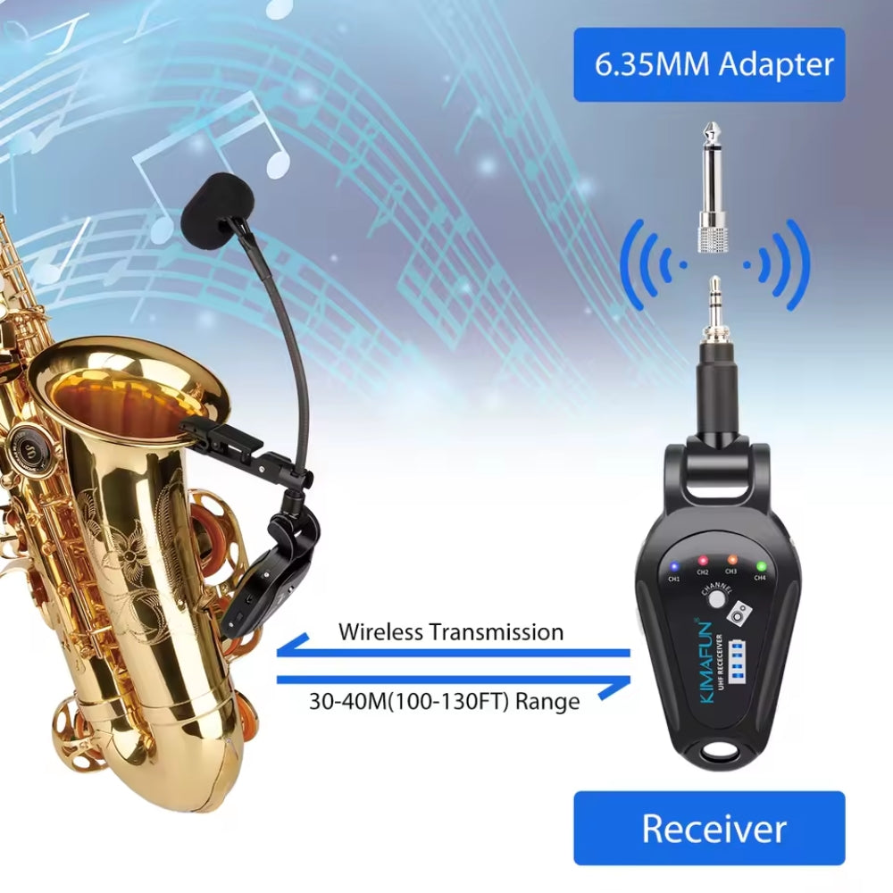 Saxophone Wireless Microphone System Gooseneck Unidirectional Cardioid UHF Transmitter Receiver