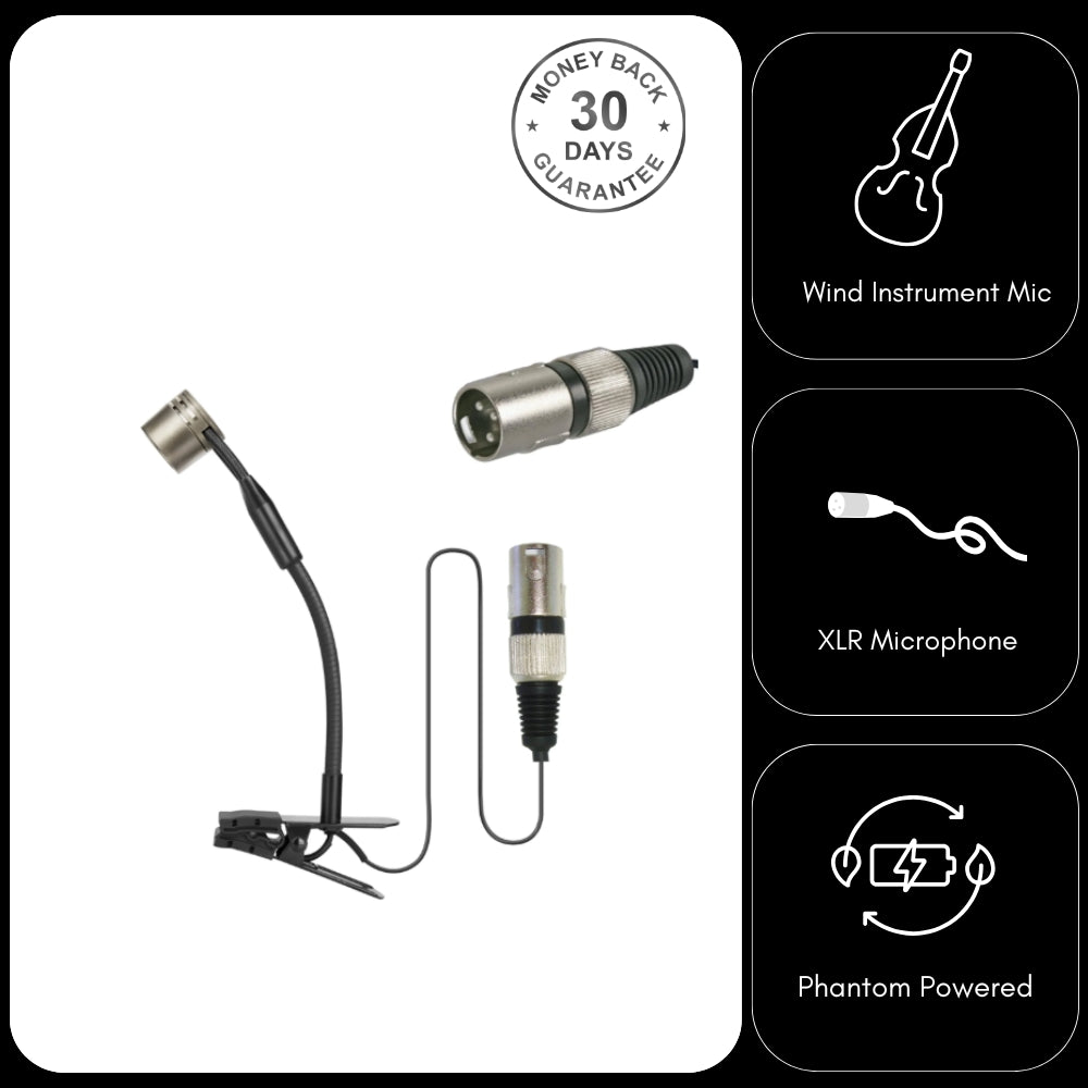 Phantom Powered XLR Professional Wind Instrument Microphone with Clip for Saxophone Trumpet Tuba