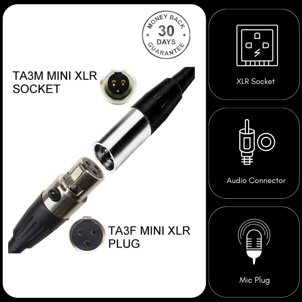 TA3F 3 Pin Mini XLR In-Line Female Socket Plug Connector and Audio Microphone Bodypack
