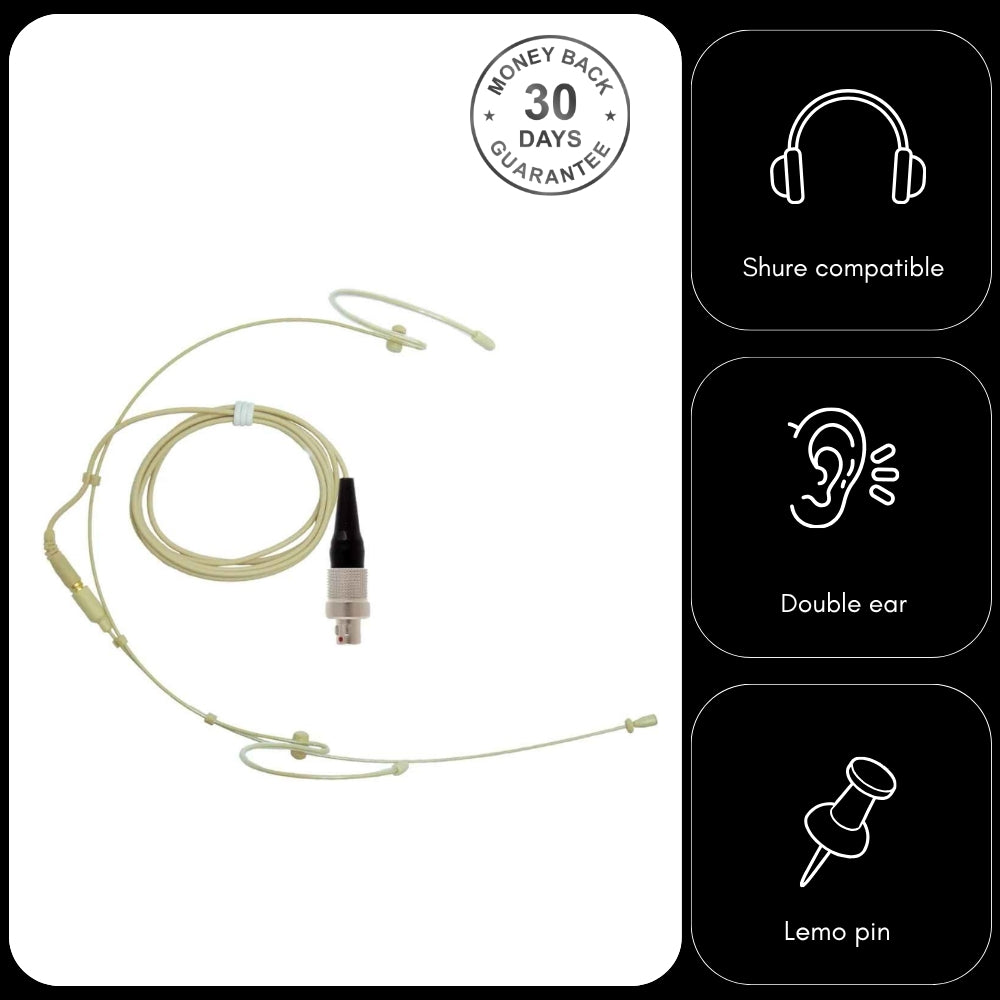 Beige Double Ear Hook Head Worn Microphone for Mipro Body Pack Transmitter 4 Pin Mini XLR