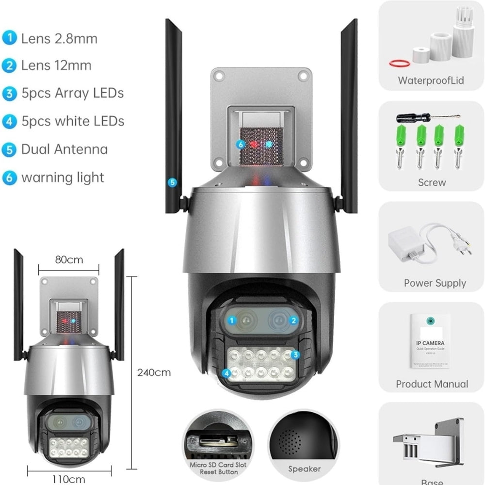 8MP CCTV Camera Wireless Wi-Fi 8x Optical Zoom Dual Lens PTZ Human Tracking Alarm Light