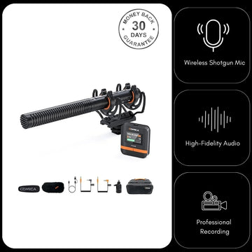 VM40 Comica Shotgun Microphone Super Cardioid Dual Channel Wireless 200 Metre Range Built In Recorder
