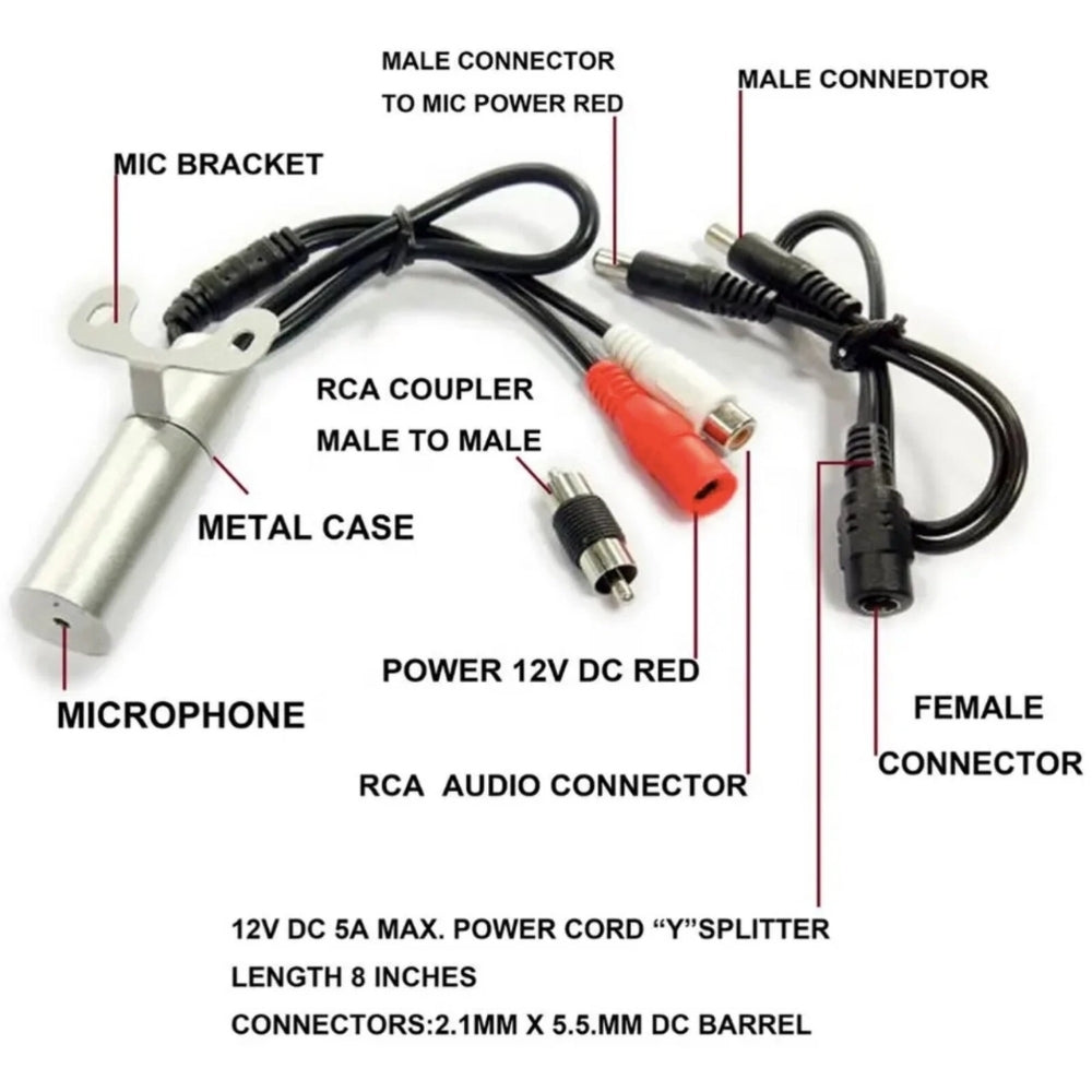 CCTV Camera Audio Microphone IP66 Rated Outdoor Waterproof Metal Housing 30cm Cable with 2.1mm DC and RCA Phono Connector