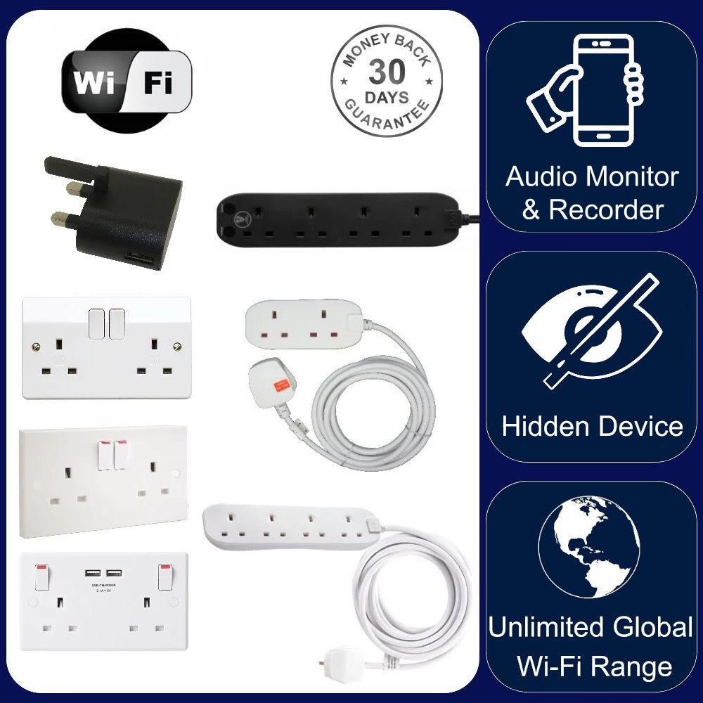 Wireless Wi-Fi Audio Spy Bug Sound Activated Recorder in Electric Extension Lead Wall Socket