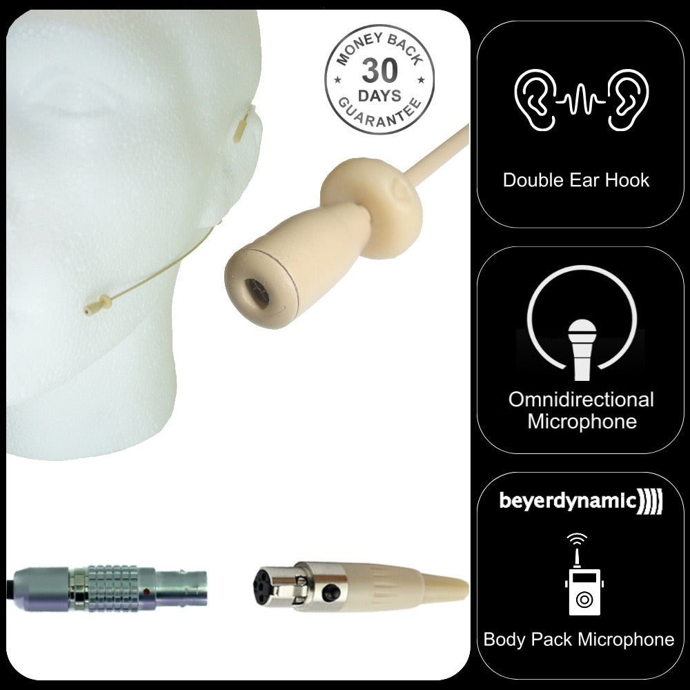 Beige Double Ear Hook Microphone for Beyerdynamic Body Pack Transmitters Lemo 4 pin or 4 Pin Mini XLR