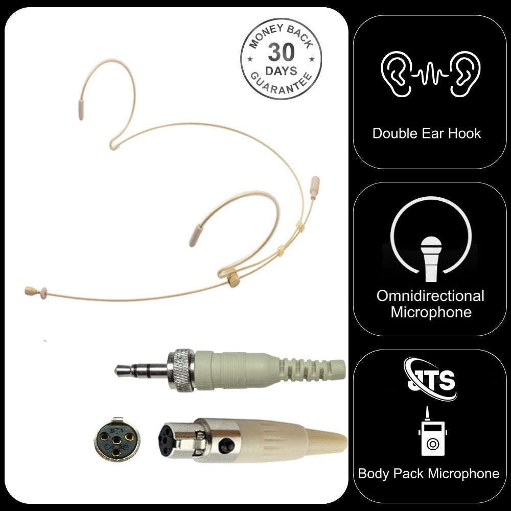 Beige Double Ear Hook Microphone for JTS Wireless Radio Body Pack Transmitter 4 Pin Mini XLR TA4F