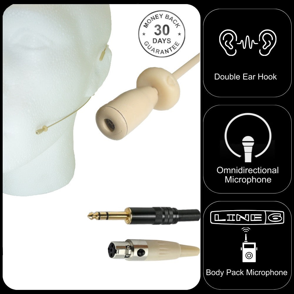 Double Ear Hook Microphone for Line 6 Body Pack Transmitter 4 Pin Mini XLR & 6.35mm Jack