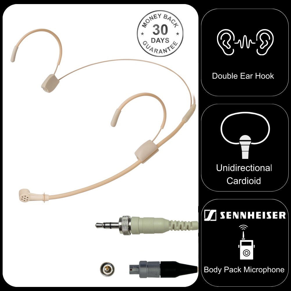 Unidirectional Headset Microphone Beige Double Ear-Hook for Sennheiser 3.5mm Jack and Lemo 3 Pin Body Pack Transmitter