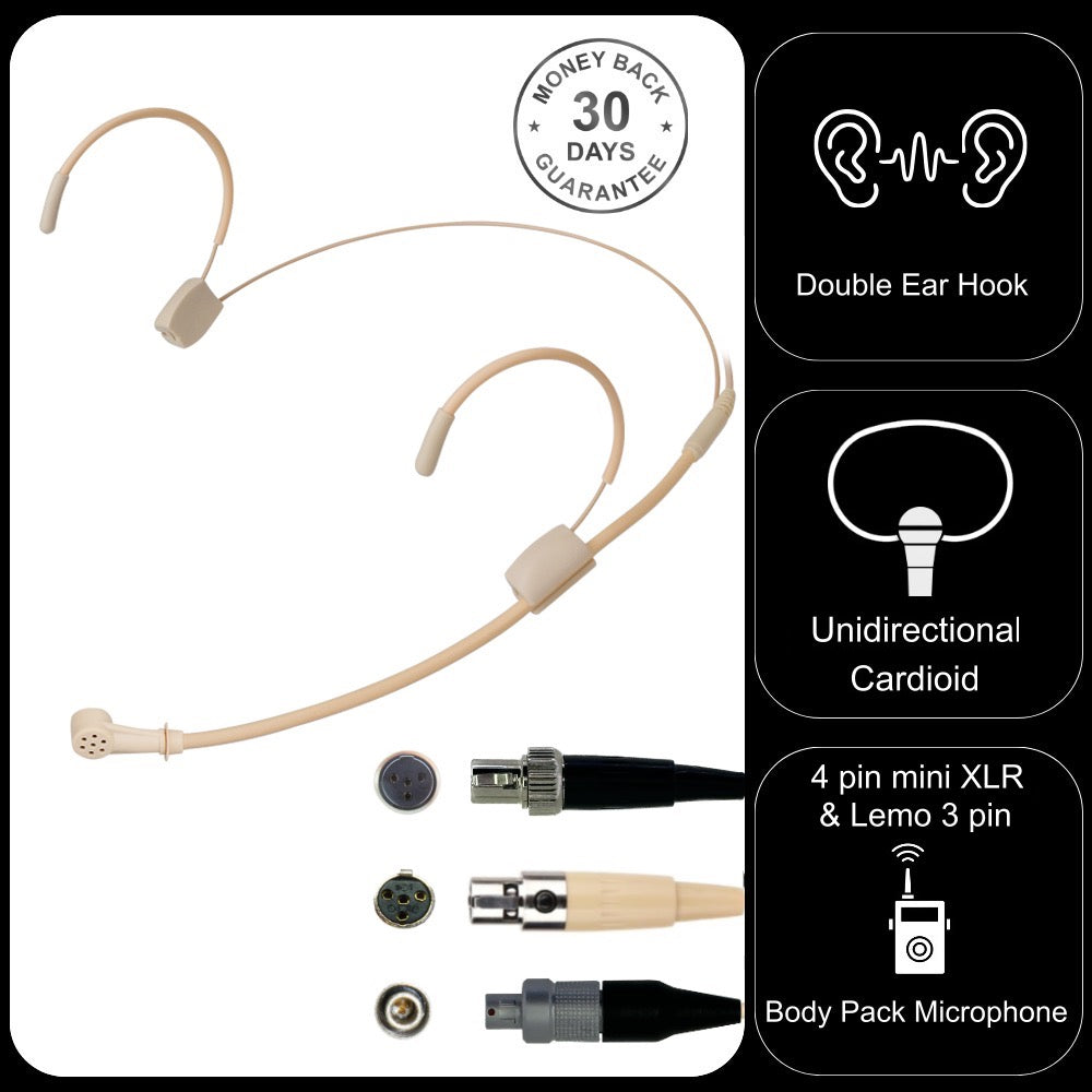 Unidirectional Cardioid Microphone Double Ear-Hook Headset for 4 Pin TA4F and Lemo 3 Pin Body Pack transmitters