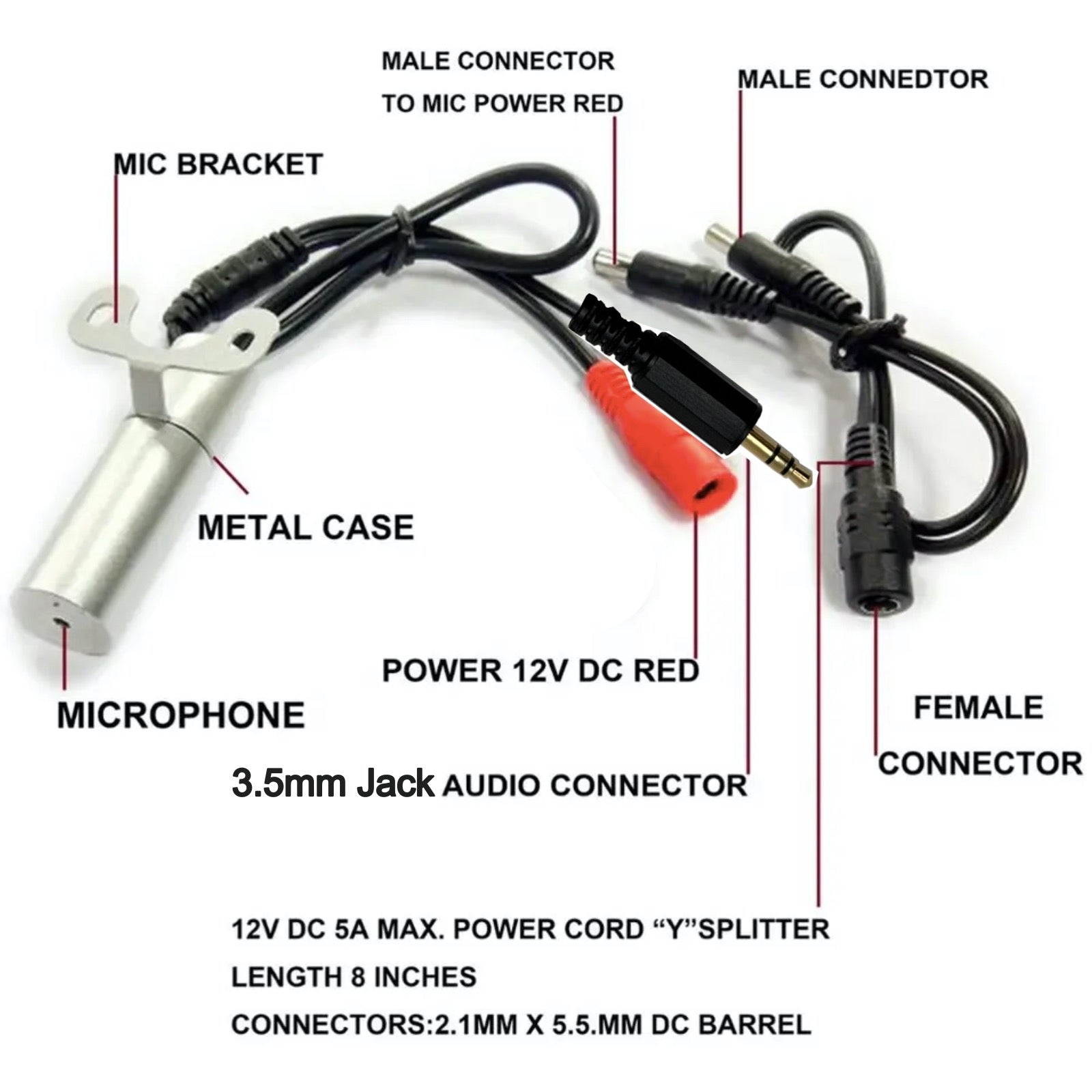 IP66 Rated Water Proof Microphone for CCTV Camera Solid Metal housing 6-12V DC input RCA Phono Output