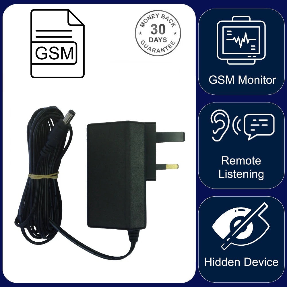Wireless GSM Audio Monitor & Sound Activated Recorder in 12v DC Power Adapter Premium Quality