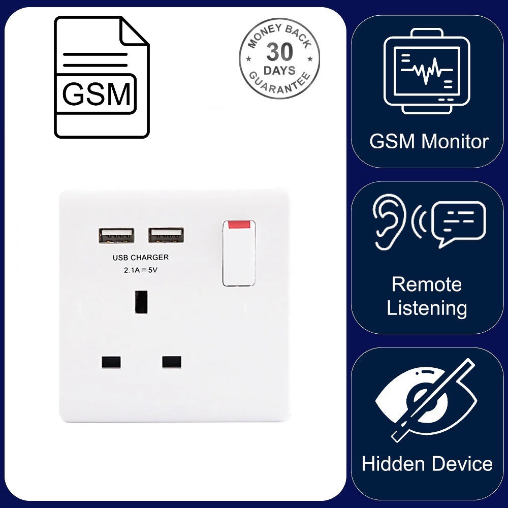 Wireless GSM Audio Monitor & Sound Recorder In Single Wall Socket Electric Outlet with Dual USB 5v Charger Port