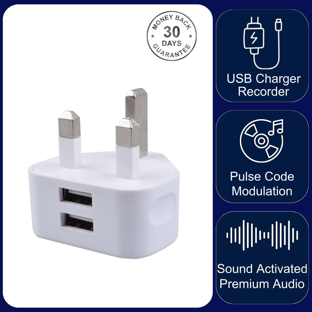 Phone Charger Voice Recorder Sound Activated 1536kbps High Quality PCM Audio Mains and Battery Powered