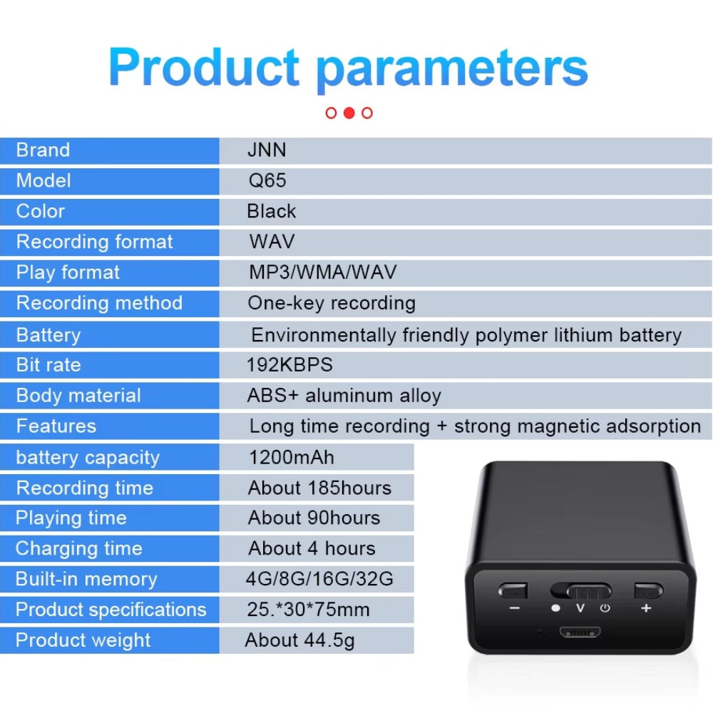Q65V Magnetic Voice Recorder 200 Hour Battery Sound Activated ADPCM High Definition Noise Reduction