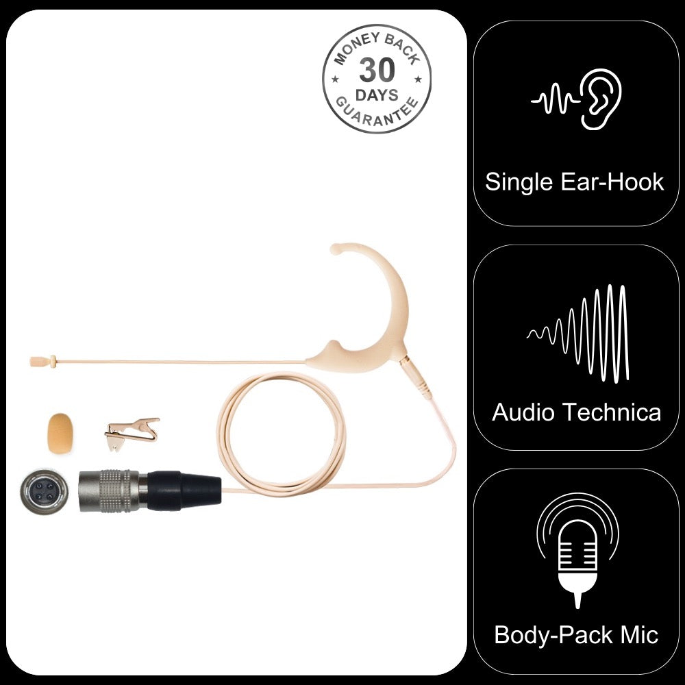 Omnidirectional Single Ear Hook Earset Microphone with Detachable Cable for Audio Technica Body Pack Transmitters