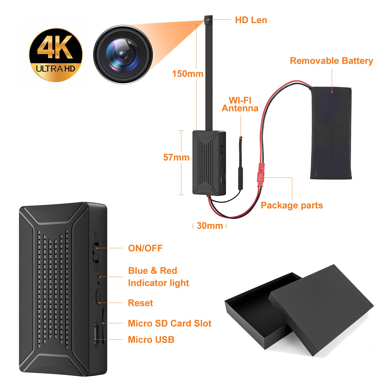 4K UHD Wi-Fi Camera Video Recorder Module 2MP Lens Night Vision 128GB 4200Ma Battery