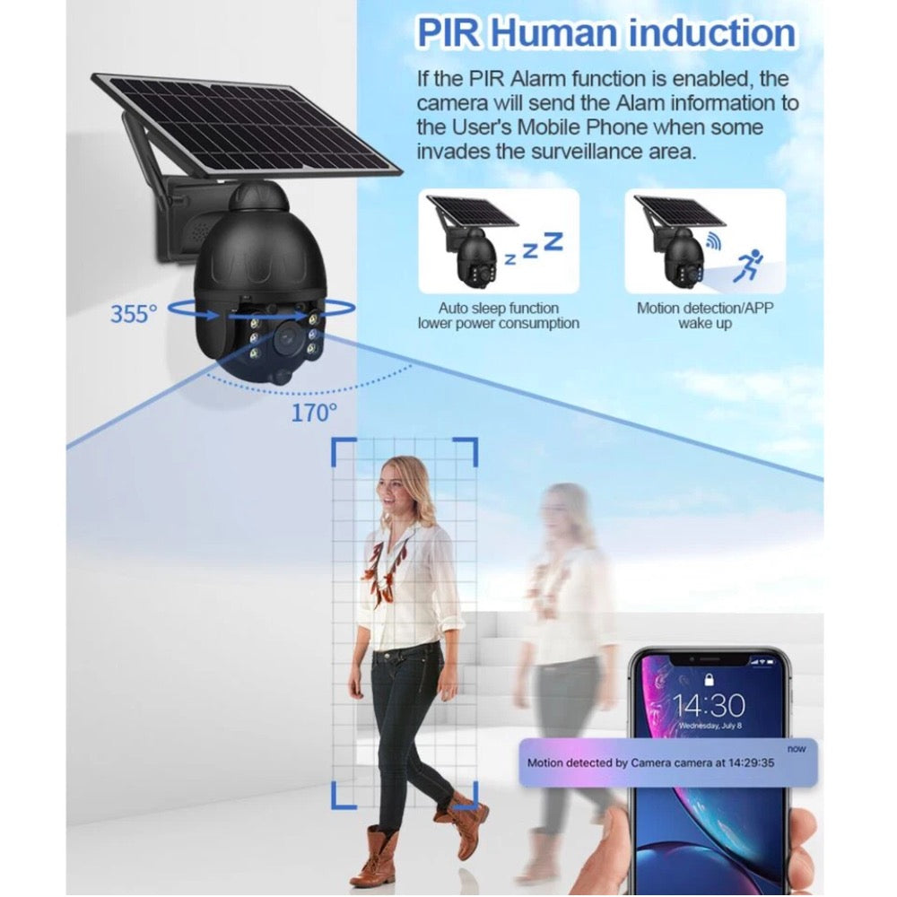 4G WiFi Solar Power Dome Camera Wireless Video CCTV PTZ 2 Way Audio PIR Night Vision