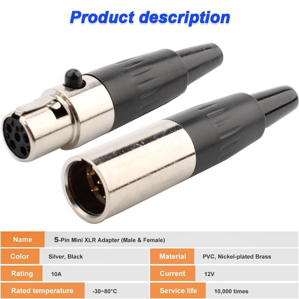 3x TA5F 5 Pin Mini XLR Connector Plug Inline Female Socket for Audio Microphone
