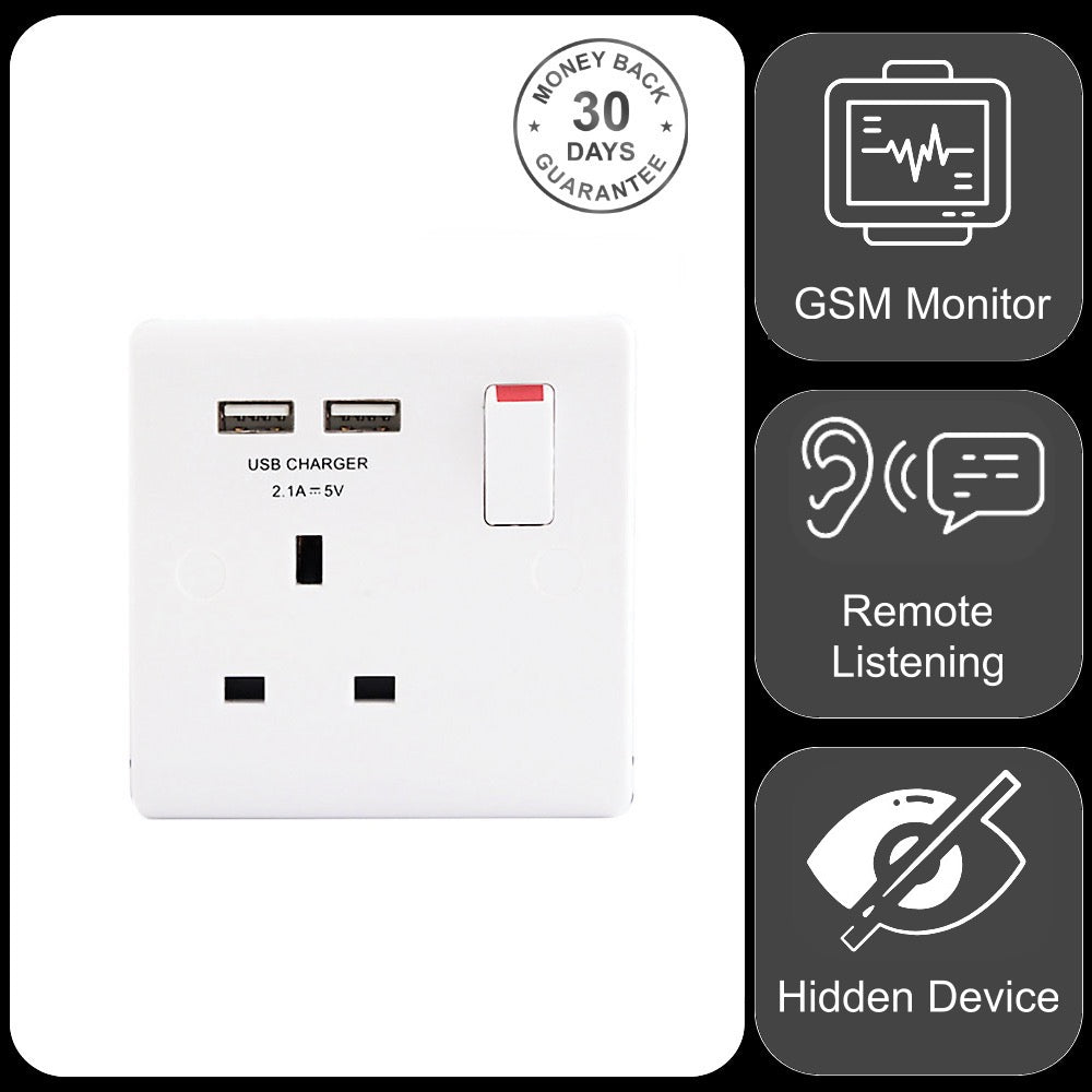 Wireless GSM Audio Monitor & Sound Recorder In Single Wall Socket Electric Outlet with Dual USB 5v Charger Port