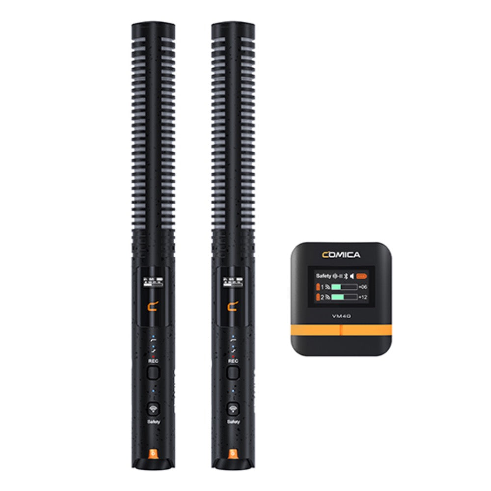 VM40 Comica Shotgun Microphone Super Cardioid Dual Channel Wireless 200 Metre Range Built In Recorder