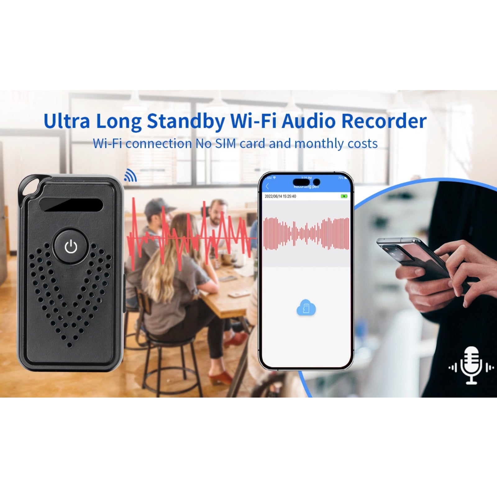 AR01 Wireless Wi-Fi Sound Recorder Listening Device Unlimited Range Live Audio Streaming Voice Activated Push Notification