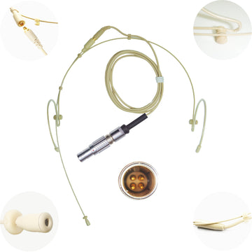 Beige Double Ear Hook Microphone for Trantec Lemo 4 pin, 3.5mm Jack, 4 Pin Mini XLR Body Pack Transmitters