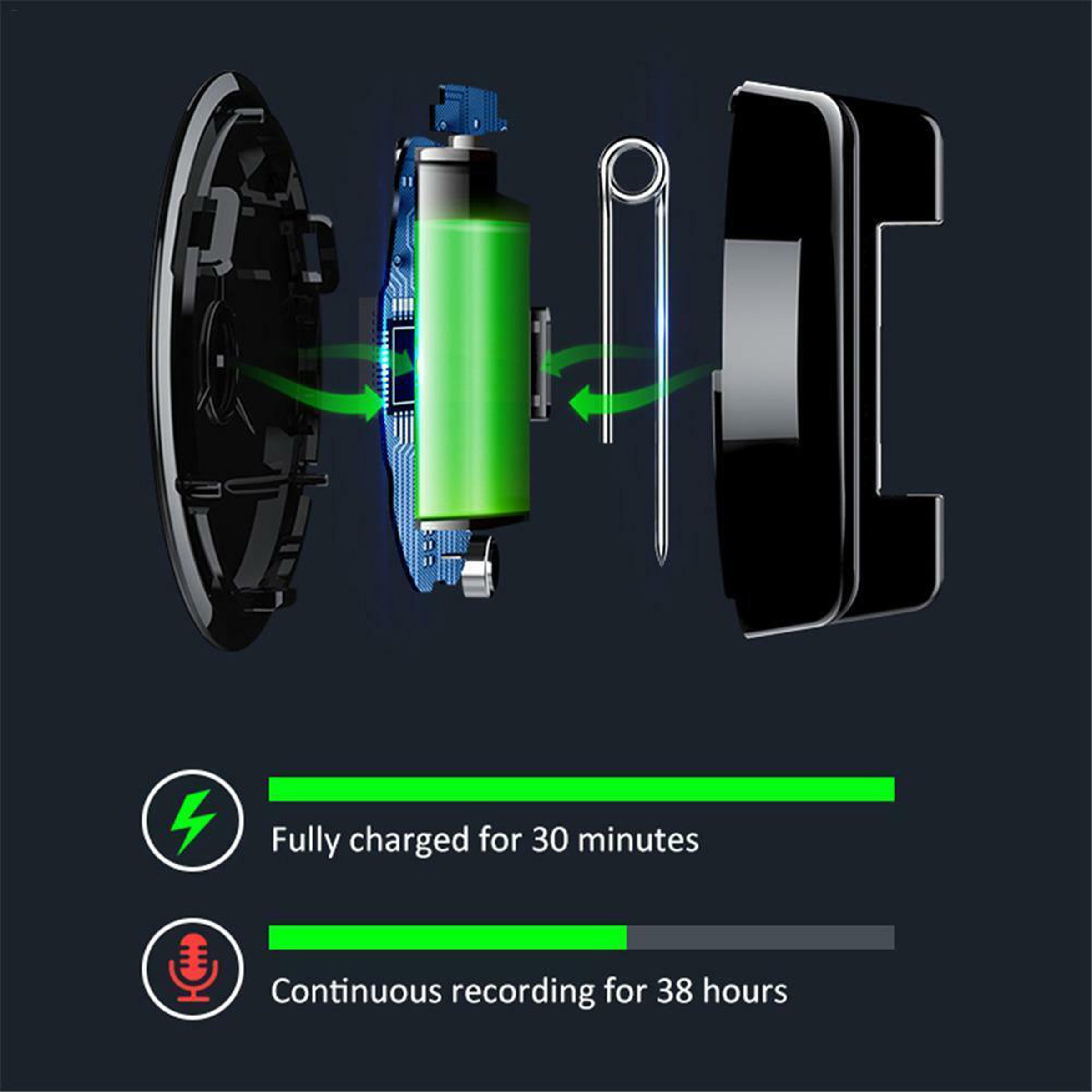 Brooch Pin Voice Recorder 32GB Sound Activated 38 Hour Battery 1536kbps .WAV Audio Format