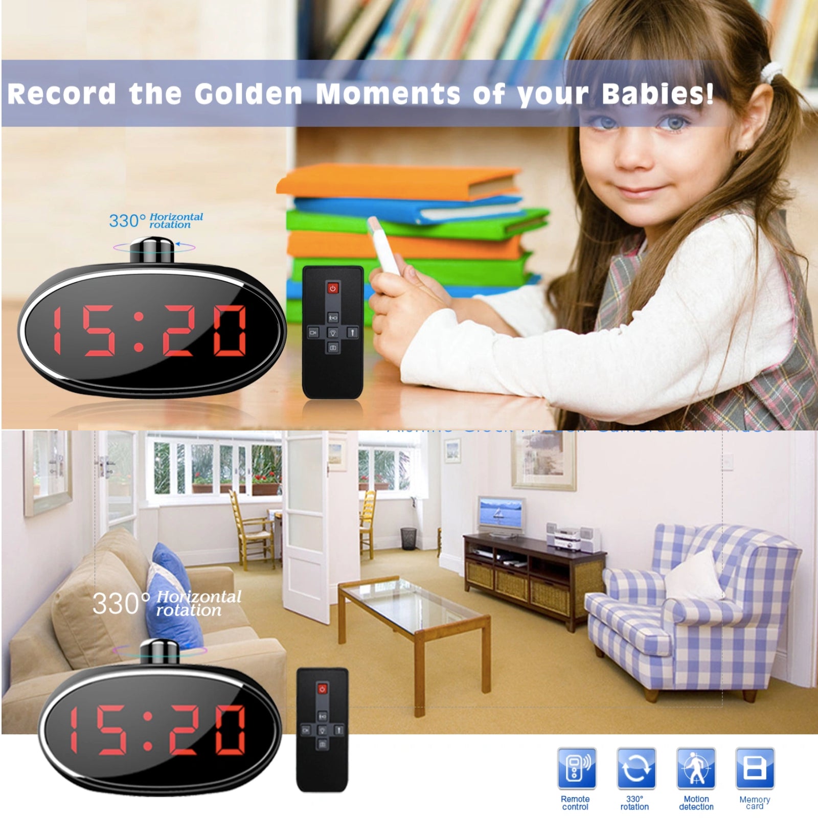 LED Clock Camera HD Video Recorder 330º Horizontal Pan Motion Detection and Sound