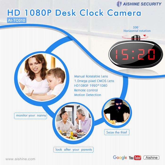 LED Clock Camera HD Video Recorder 330º Horizontal Pan Motion Detection and Sound