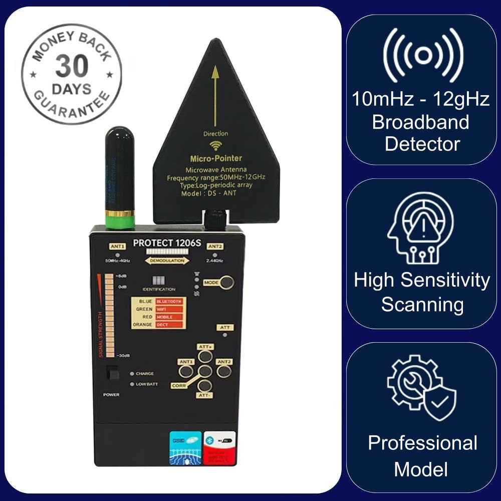 iProtect 1206i RF Signal Detector Wireless Anti Spy Camera Scanner Dual Band Antenna for GPS Tracker Bug Finder
