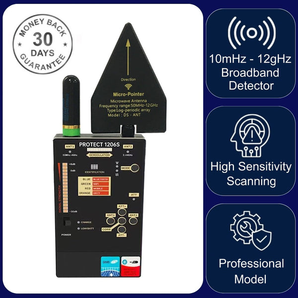 iProtect 1206i RF Signal Detector Wireless Anti Spy Camera Scanner Dual Band Antenna for GPS Tracker Bug Finder