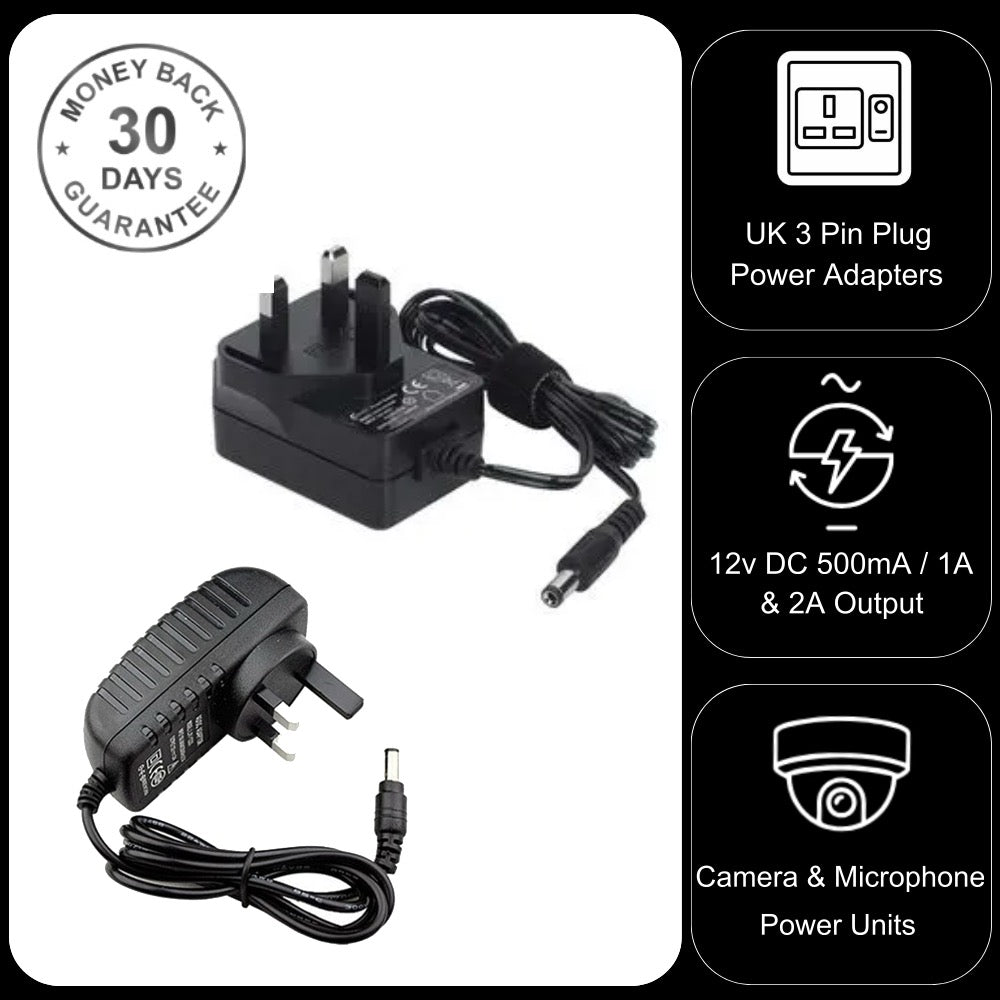 12v UK Plug In Power Supply for CCTV Audio Microphone Security Camera 2.1mm DC Plug 500mA 1A 2A