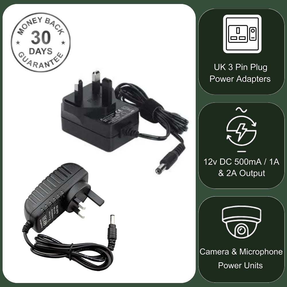 12v UK Plug In Power Supply for CCTV Audio Microphone Security Camera 2.1mm DC Plug 500mA 1A 2A