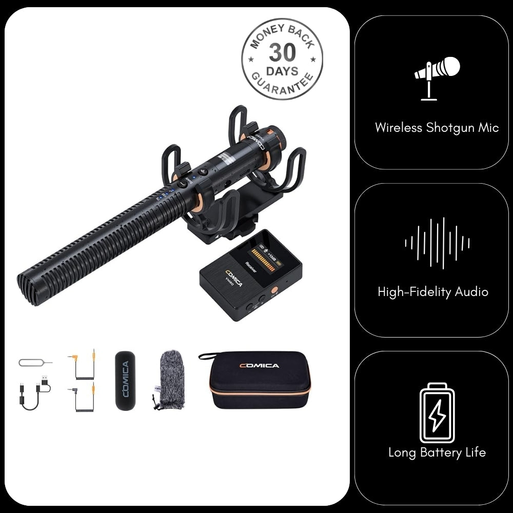 Comica VM30 Shotgun Microphone Super Cardioid Condenser Wireless 100 Metre Range Built In Recorder
