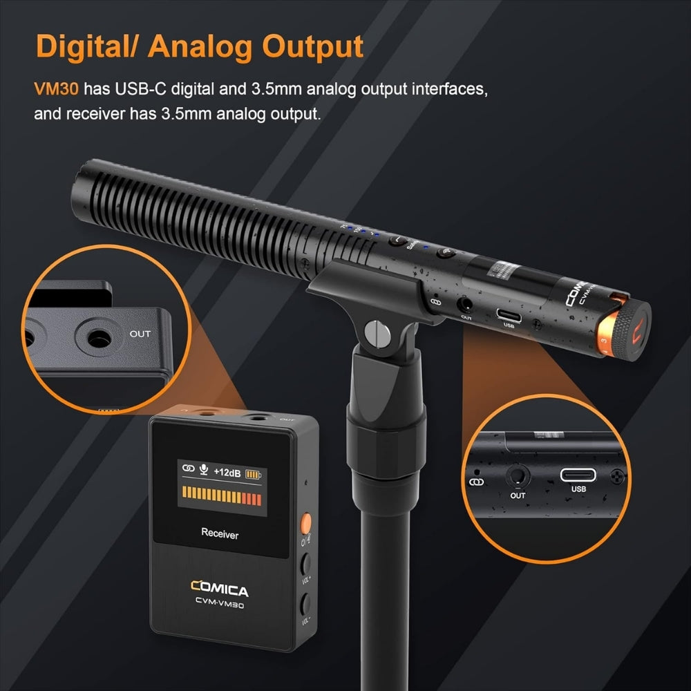 Comica VM30 Shotgun Microphone Super Cardioid Condenser Wireless 100 Metre Range Built In Recorder