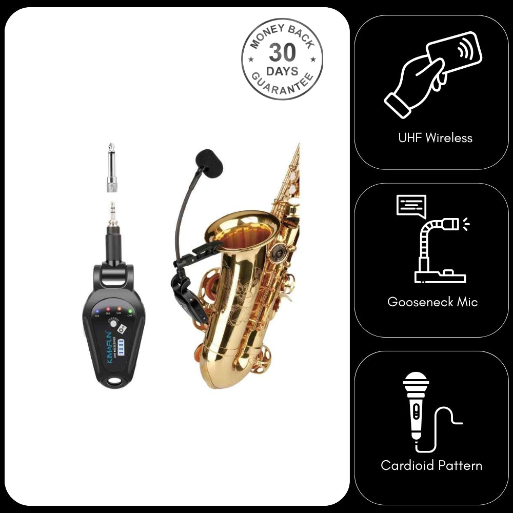 Saxophone Wireless Microphone System Gooseneck Unidirectional Cardioid UHF Transmitter Receiver