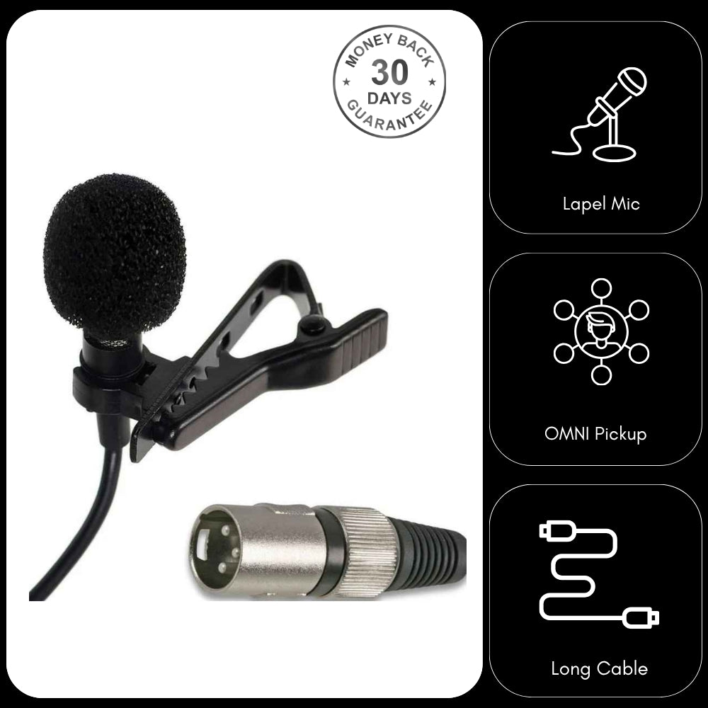 Phantom Powered Lavalier Microphone XLR 3 Pin Male Plug Mini Clip On Lapel Mic 6 Metre Cable