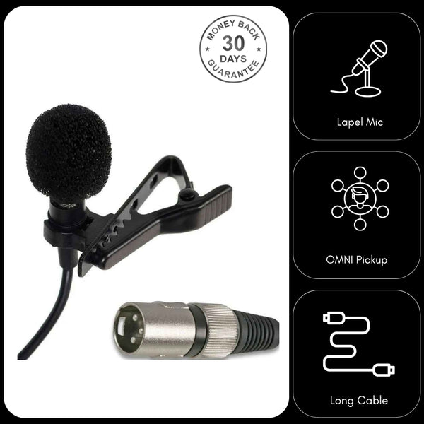 Phantom Powered Lavalier Microphone XLR 3 Pin Male Plug Mini Clip On Lapel Mic 6 Metre Cable