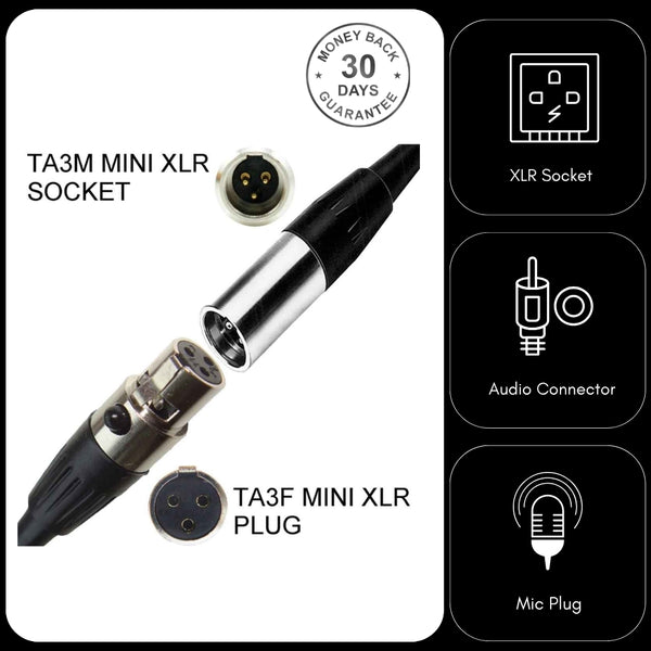 TA3F 3 Pin Mini XLR In-Line Female Socket Plug Connector and Audio Microphone Bodypack
