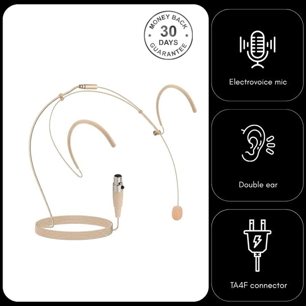 Beige Double Ear Hook Headset Microphone for TOA WM Wireless Body Pack Transmitter Slimline 3.5mm Jack Plug