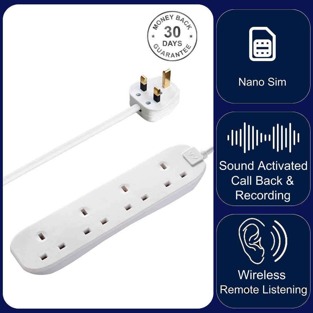 Wireless GSM Audio Monitor Microphone & Sound Recorder in 4 Way Mains Extension Lead