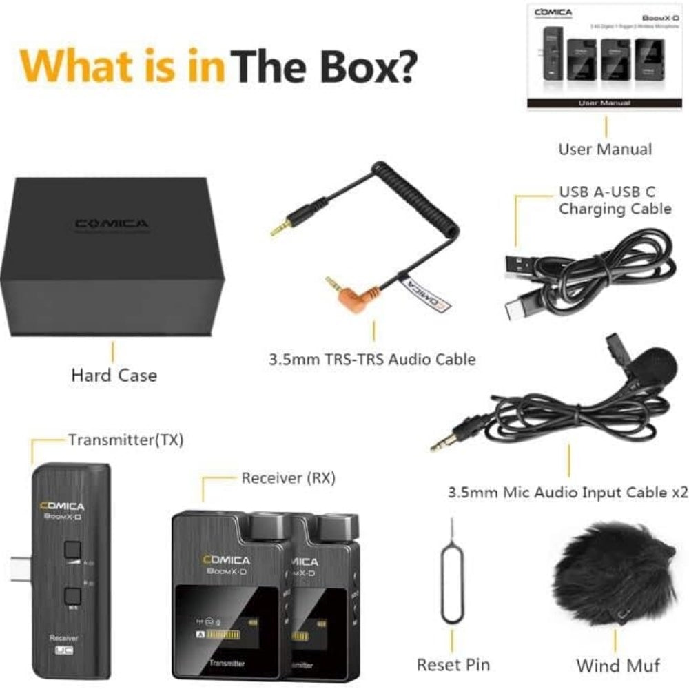 Comica Wireless Microphone BoomX-D D2 System 2.4G Dual Channel 48kHz-16bit Recording for DSLR Camera or Smartphone