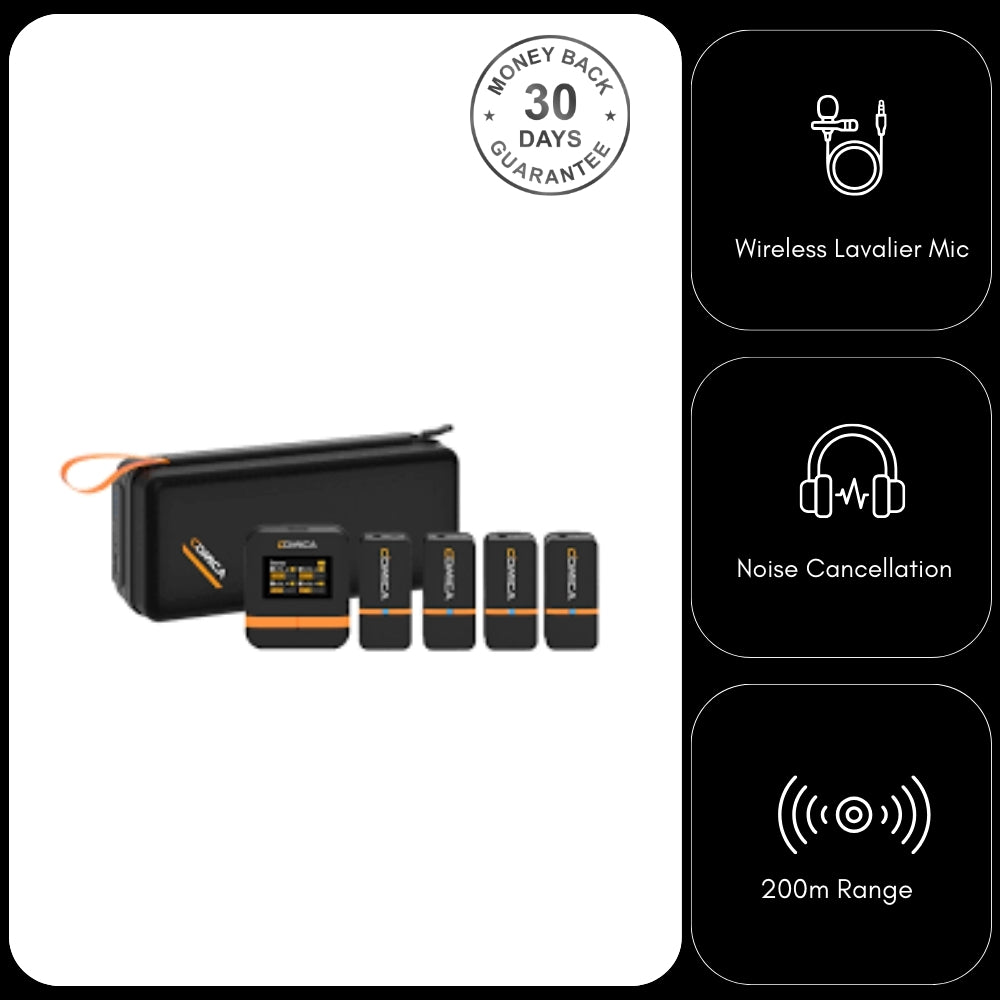 Comica Vimo Q Wireless Microphone 2.4G Four Channel 200 metre Mini Lapel Noise Cancellation for Camera Smartphone PC