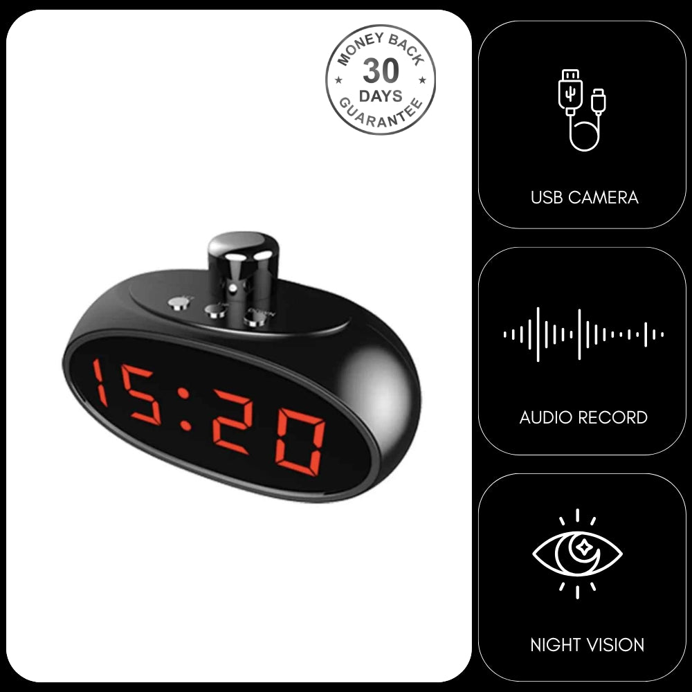 LED Clock Security Camera 330º Horizontal Pan Motion Detection HD Video Recorder