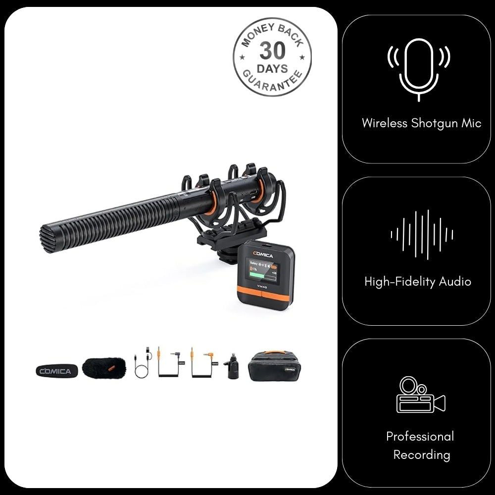 VM40 Comica Shotgun Microphone Super Cardioid Dual Channel Wireless 200 Metre Range Built In Recorder
